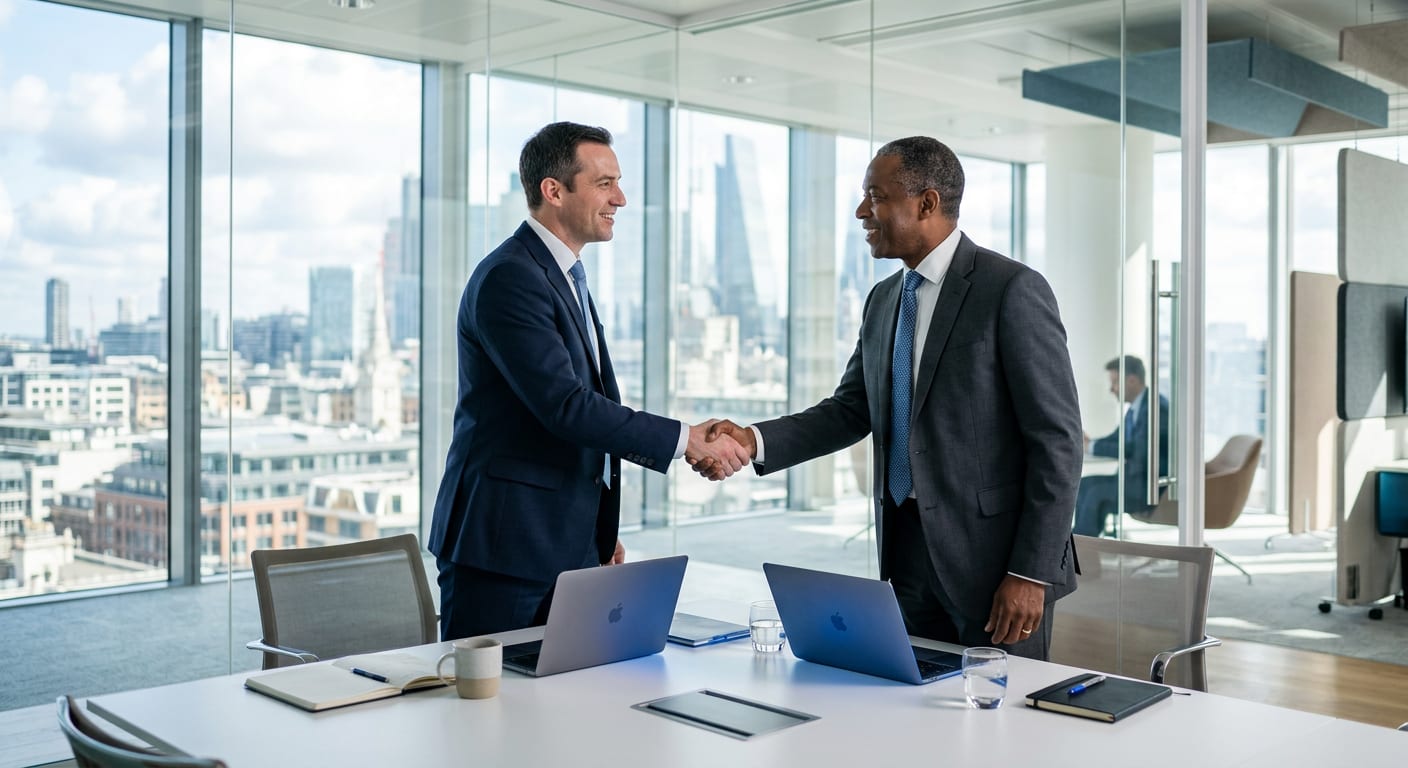 Two executives shaking hands across a conference table in a bright glass-walled office