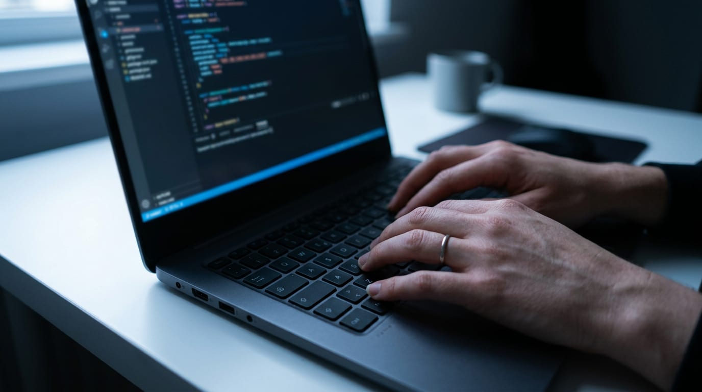 Hands typing on a laptop with a code editor open on the screen