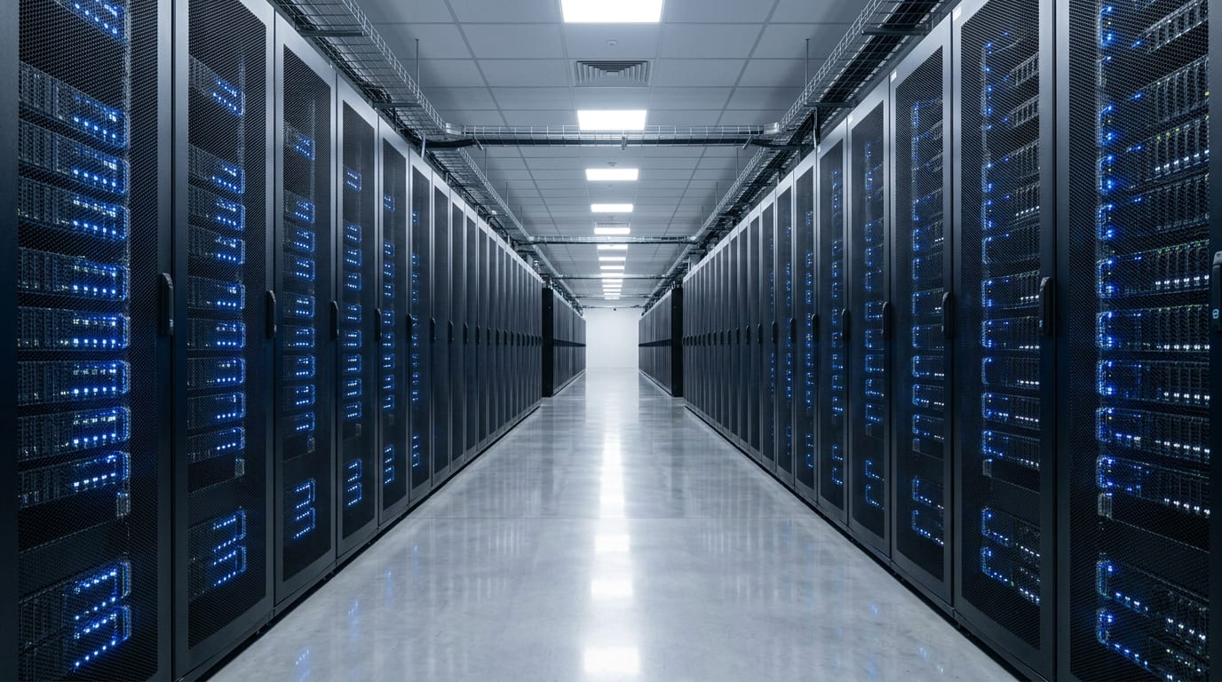 A data centre corridor lined with storage servers and blue status lights