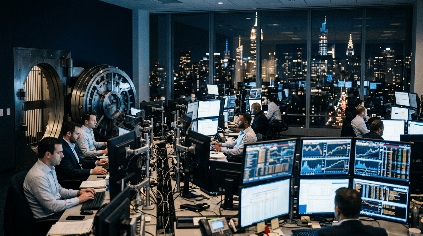 An institutional trading desk at night with traders facing screens of price charts