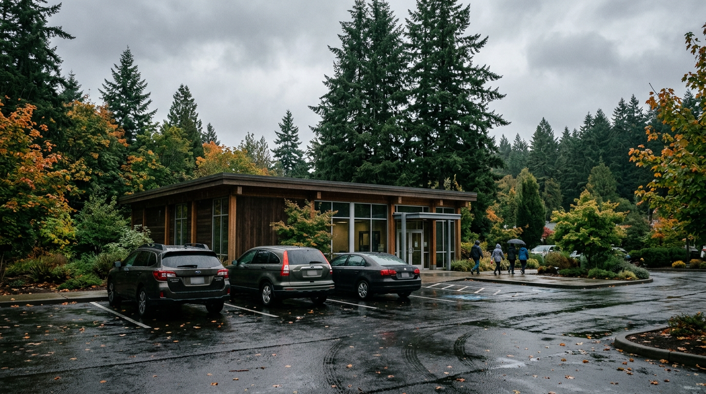 A regional bank branch in the Pacific Northwest on a misty morning