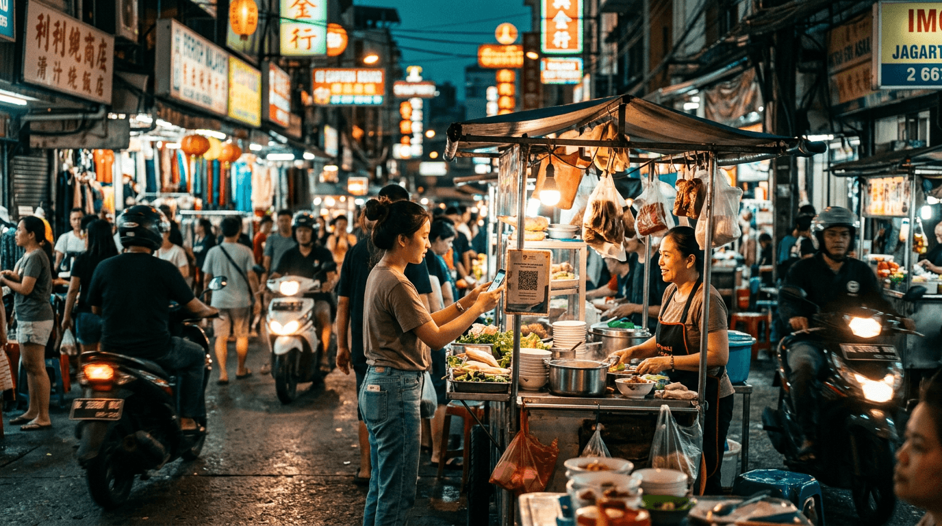A shopper paying by phone at a night market stall in a Southeast Asian city