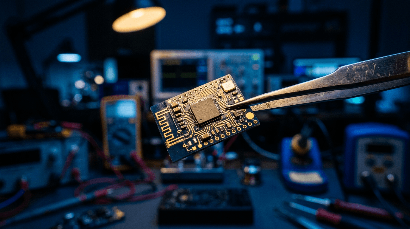Macro view of a tiny microcontroller on a wearable sensor board held in tweezers