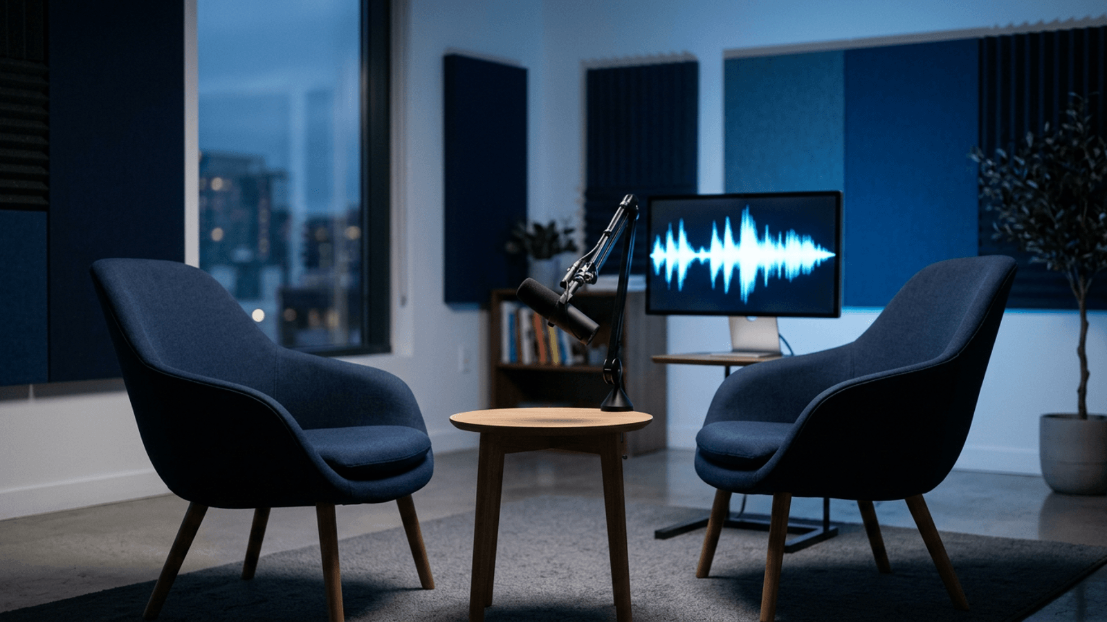 Empty research interview room with two chairs, a studio microphone and a monitor showing a blue audio waveform
